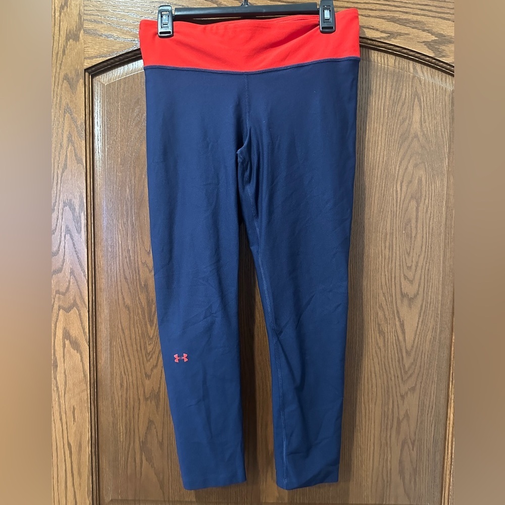 Under Armour HeatGear Navy Blue Red Trim Compression Leggings Women's LG Pockets